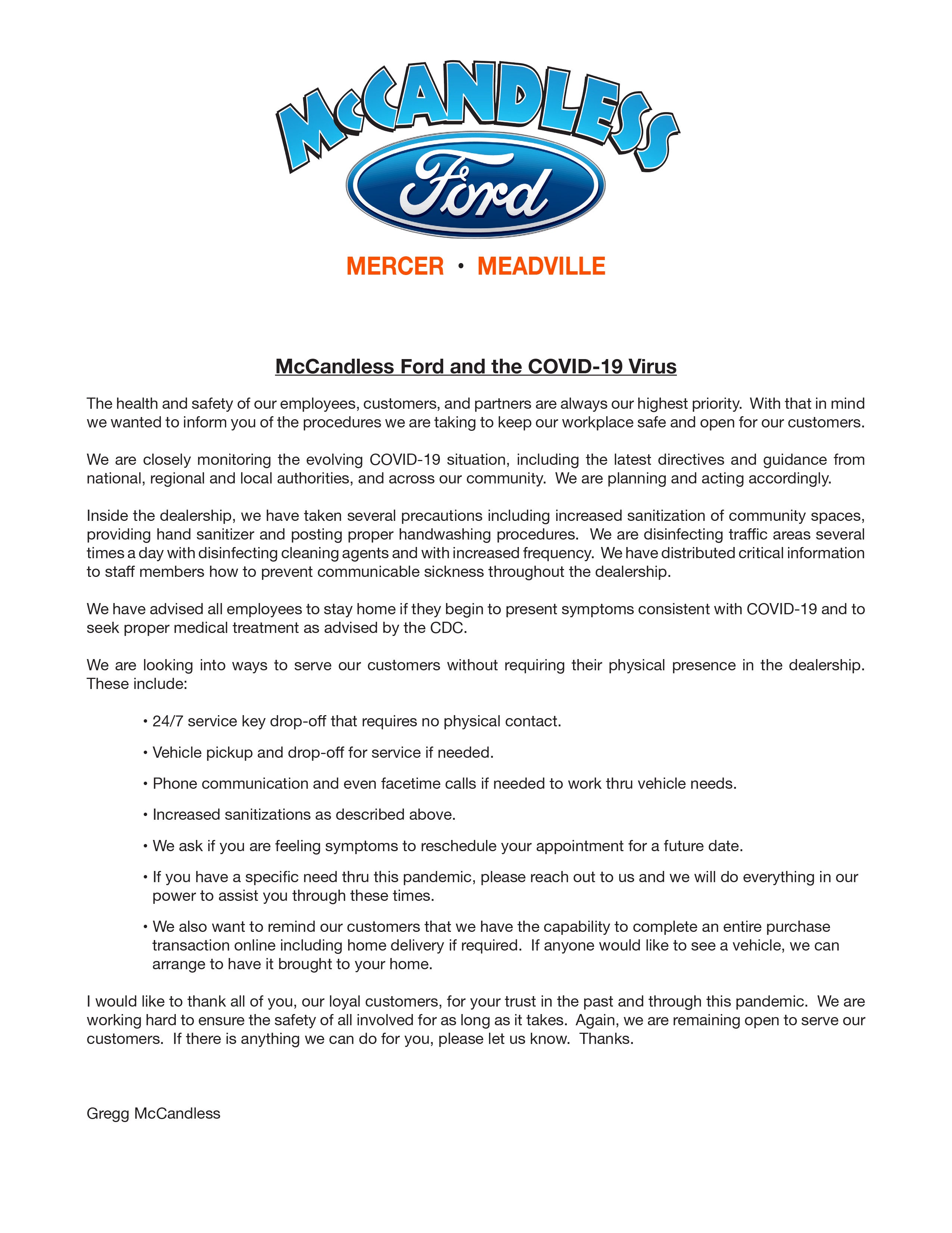 McCandless Ford Response To COVID-19 Virus